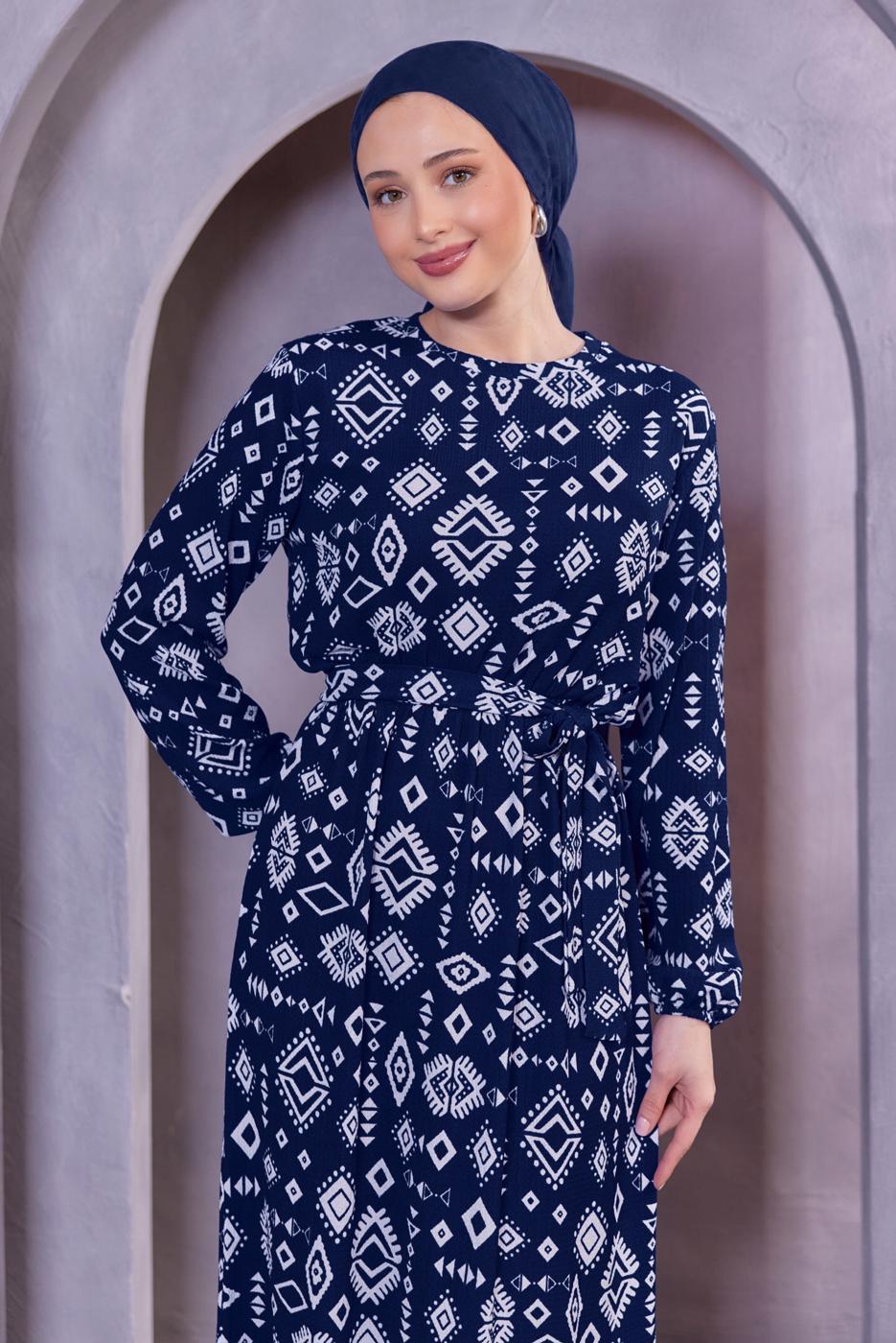 Tesettür giyim LACİVERT KUŞAKLI DESENLİ ELBİSE T 8493