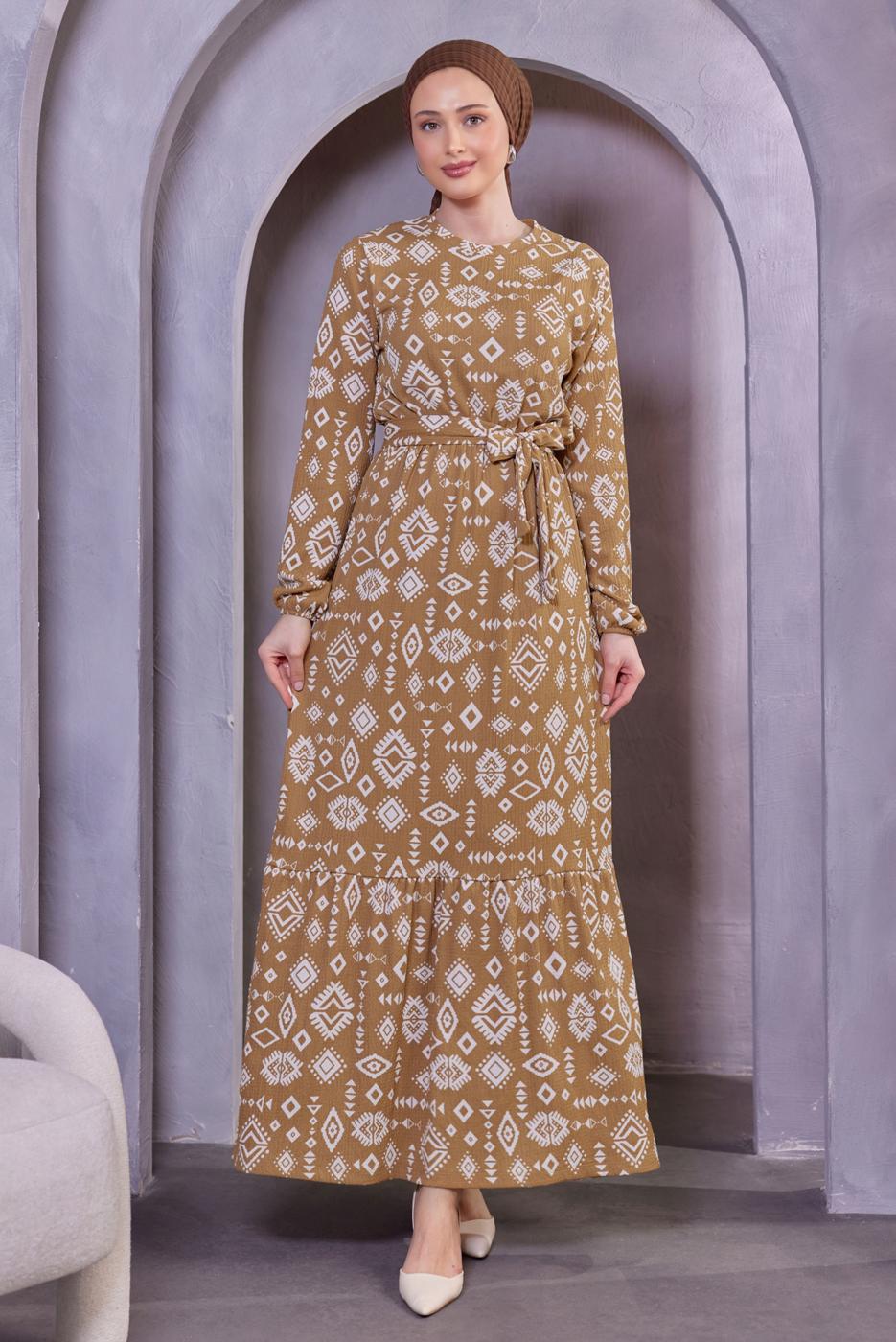 Tesettür giyim KAHVE KUŞAKLI DESENLİ ELBİSE T 8493