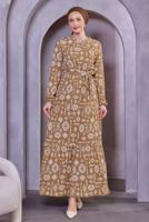 Tesettür giyim KAHVE KUŞAKLI DESENLİ ELBİSE T 8493