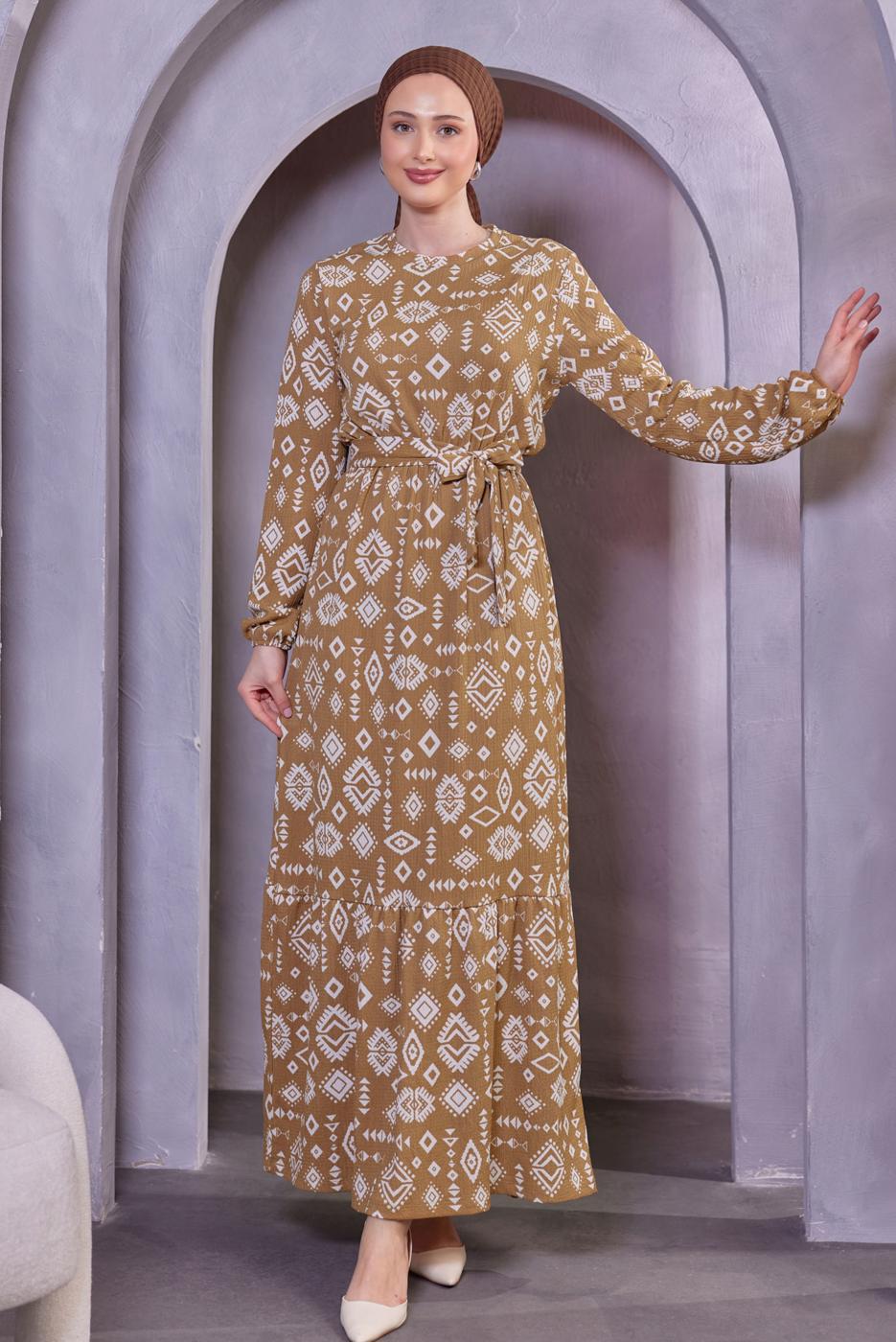 Tesettür giyim KAHVE KUŞAKLI DESENLİ ELBİSE T 8493