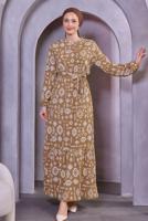 Tesettür giyim KAHVE KUŞAKLI DESENLİ ELBİSE T 8493