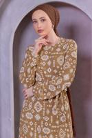 Tesettür giyim KAHVE KUŞAKLI DESENLİ ELBİSE T 8493