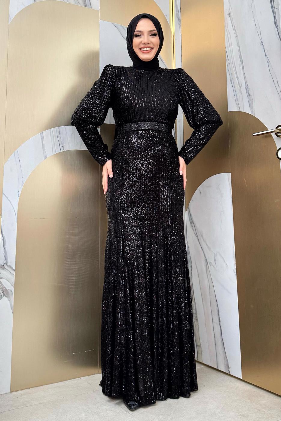 Hijab clothing BLACK SEQUINED EVENING DRESS T 8583