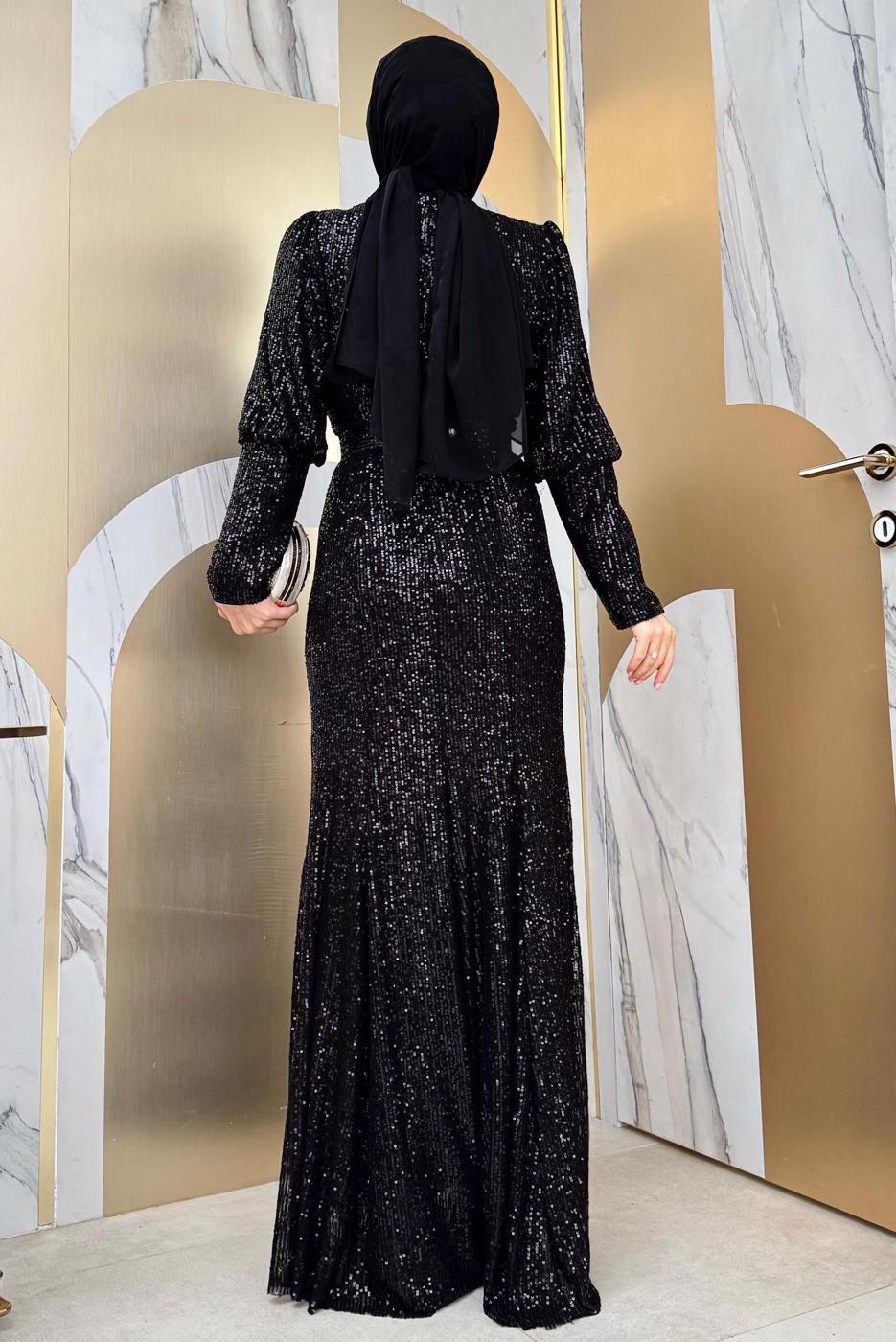 Hijab clothing BLACK SEQUINED EVENING DRESS T 8583