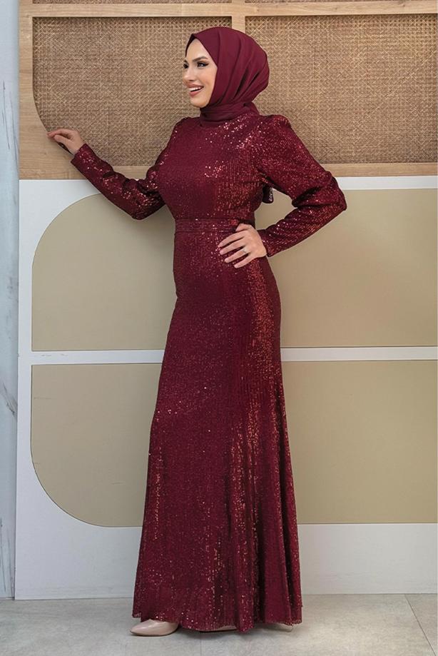 Tesettür giyim BORDO PUL PAYETLİ ABİYE ELBİSE  T 8583 - TRENDTESETTÜR
