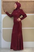 Tesettür giyim BORDO PUL PAYETLİ ABİYE ELBİSE  T 8583