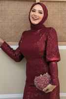 Tesettür giyim BORDO PUL PAYETLİ ABİYE ELBİSE  T 8583