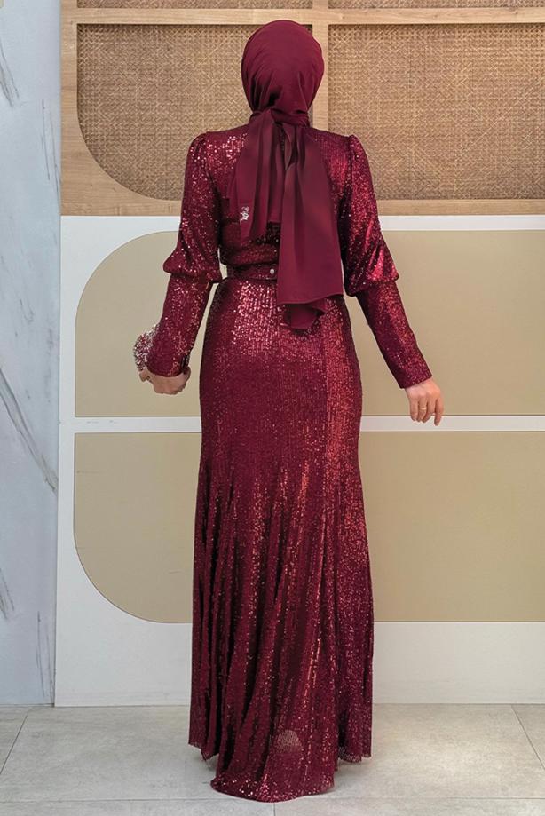 Tesettür giyim BORDO PUL PAYETLİ ABİYE ELBİSE  T 8583 - TRENDTESETTÜR