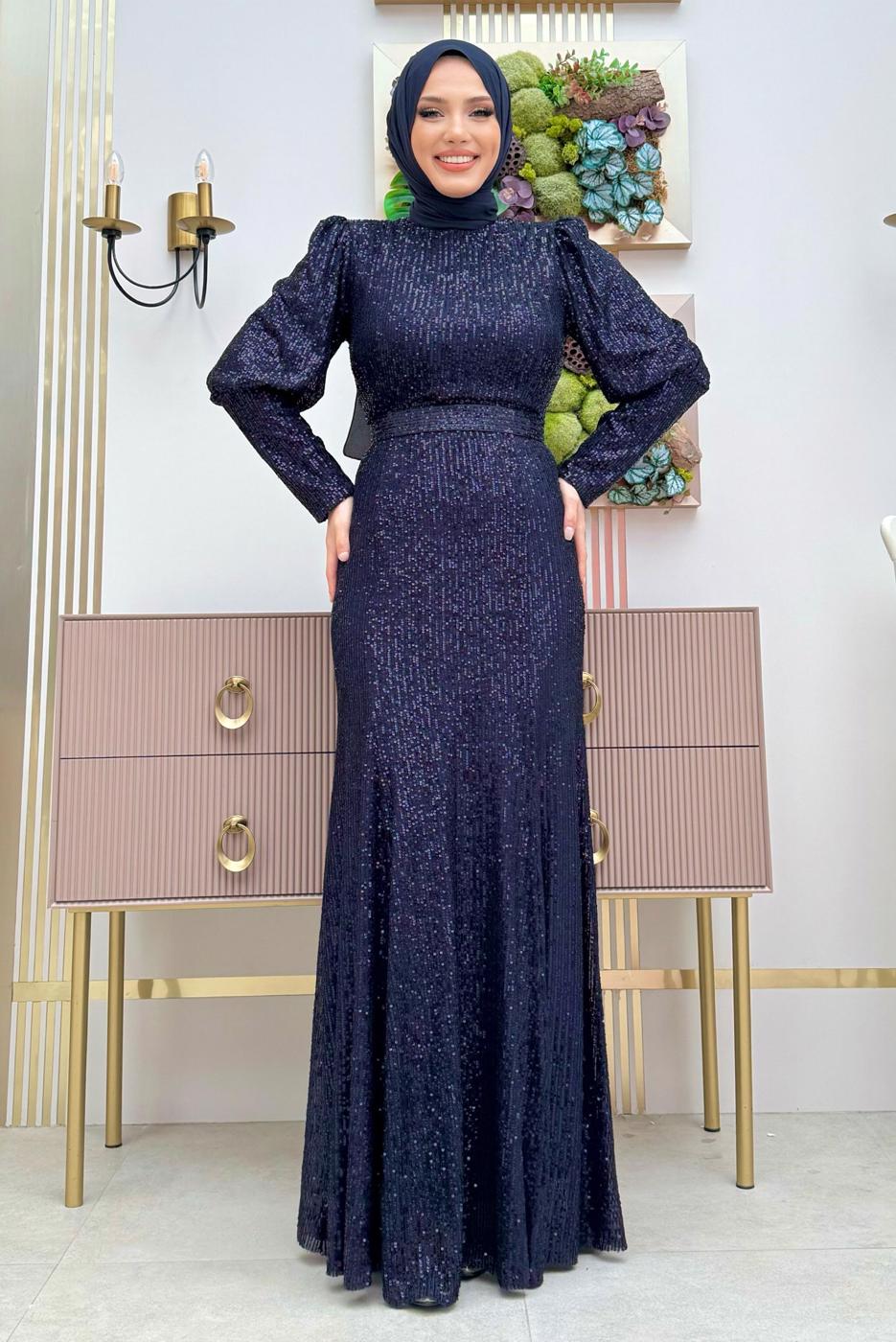 Tesettür giyim LACİVERT PUL PAYETLİ ABİYE ELBİSE  T 8583