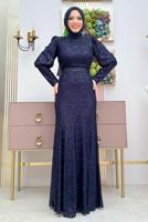 Tesettür giyim LACİVERT PUL PAYETLİ ABİYE ELBİSE  T 8583