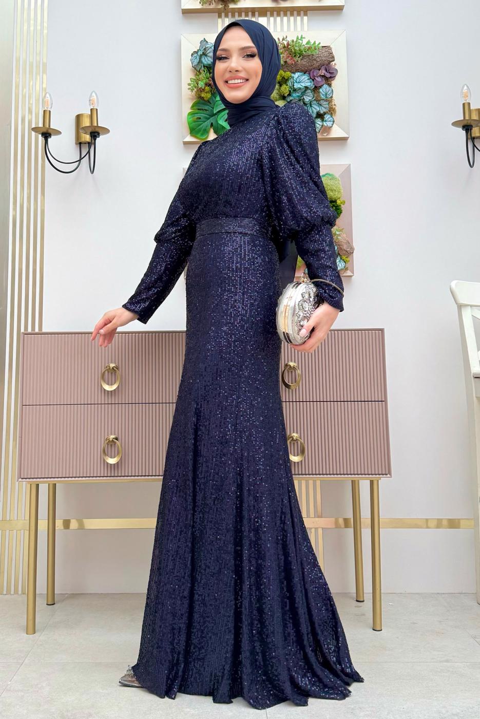 Tesettür giyim LACİVERT PUL PAYETLİ ABİYE ELBİSE  T 8583