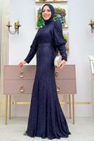 Tesettür giyim LACİVERT PUL PAYETLİ ABİYE ELBİSE  T 8583