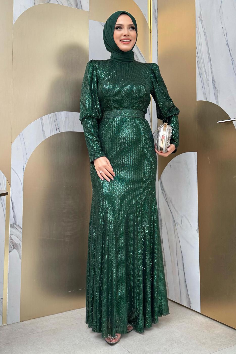 Tesettür giyim YEŞİL PUL PAYETLİ ABİYE ELBİSE  T 8583