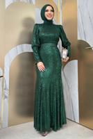 Tesettür giyim YEŞİL PUL PAYETLİ ABİYE ELBİSE  T 8583