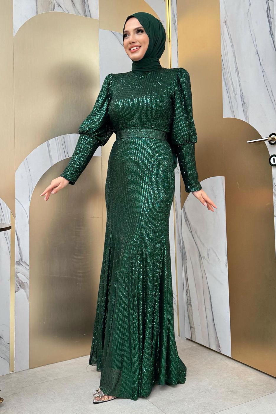 Tesettür giyim YEŞİL PUL PAYETLİ ABİYE ELBİSE  T 8583