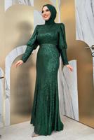 Tesettür giyim YEŞİL PUL PAYETLİ ABİYE ELBİSE  T 8583