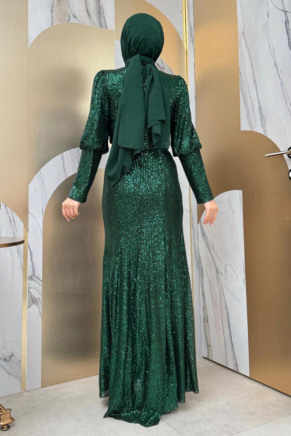 Tesettür giyim YEŞİL PUL PAYETLİ ABİYE ELBİSE  T 8583