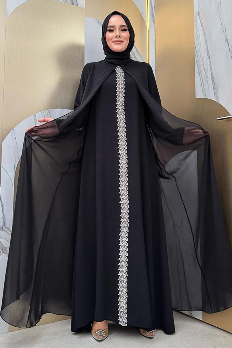 Tesettür giyim SİYAH ŞALLI ŞİFON PELERİNLİ ELBİSE T 8683