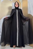 Tesettür giyim SİYAH ŞALLI ŞİFON PELERİNLİ ELBİSE T 8683