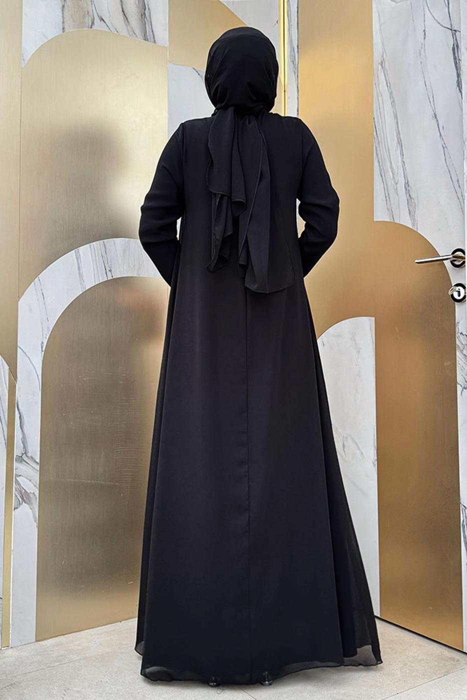 Tesettür giyim SİYAH ŞALLI ŞİFON PELERİNLİ ELBİSE T 8683