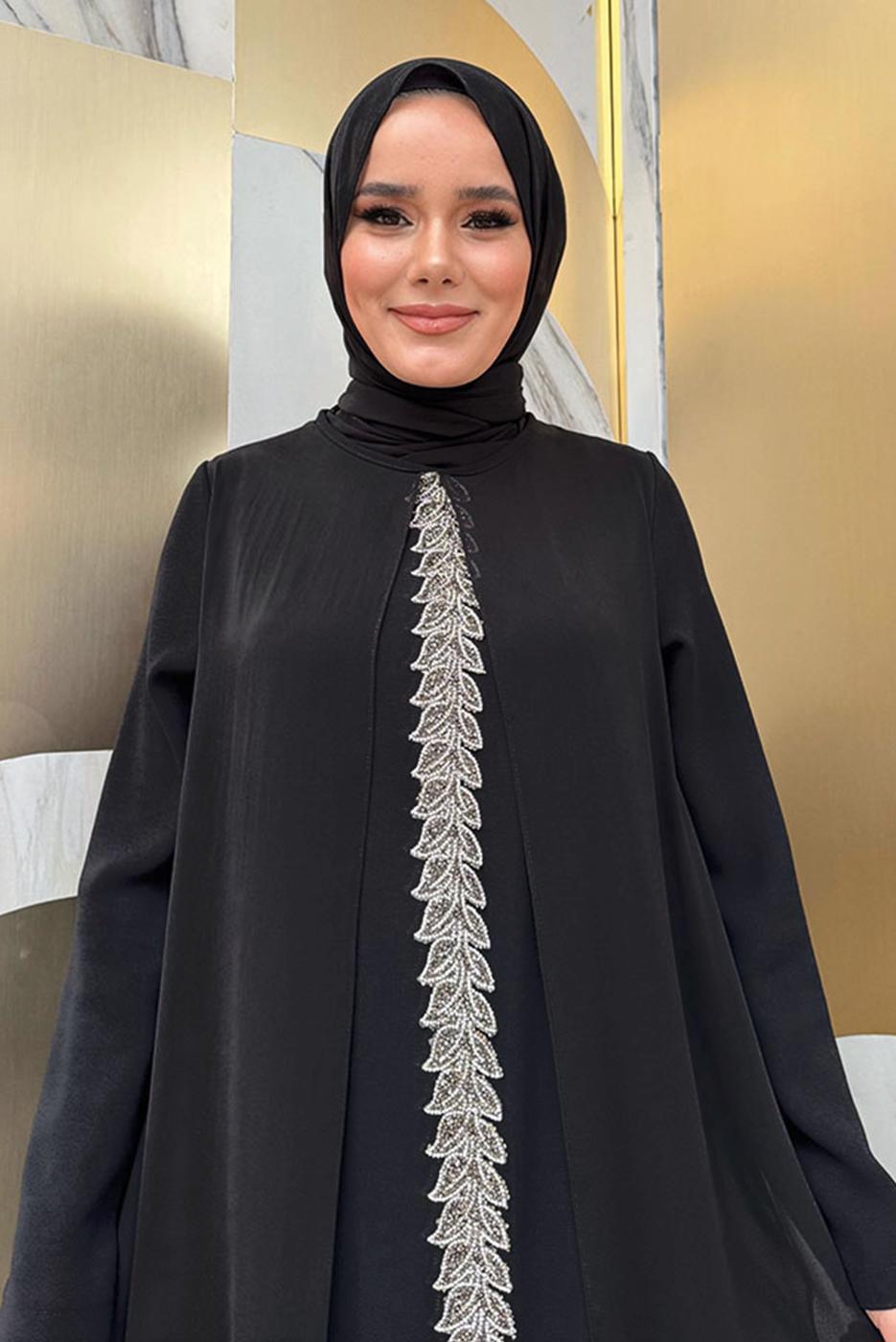 Tesettür giyim SİYAH ŞALLI ŞİFON PELERİNLİ ELBİSE T 8683