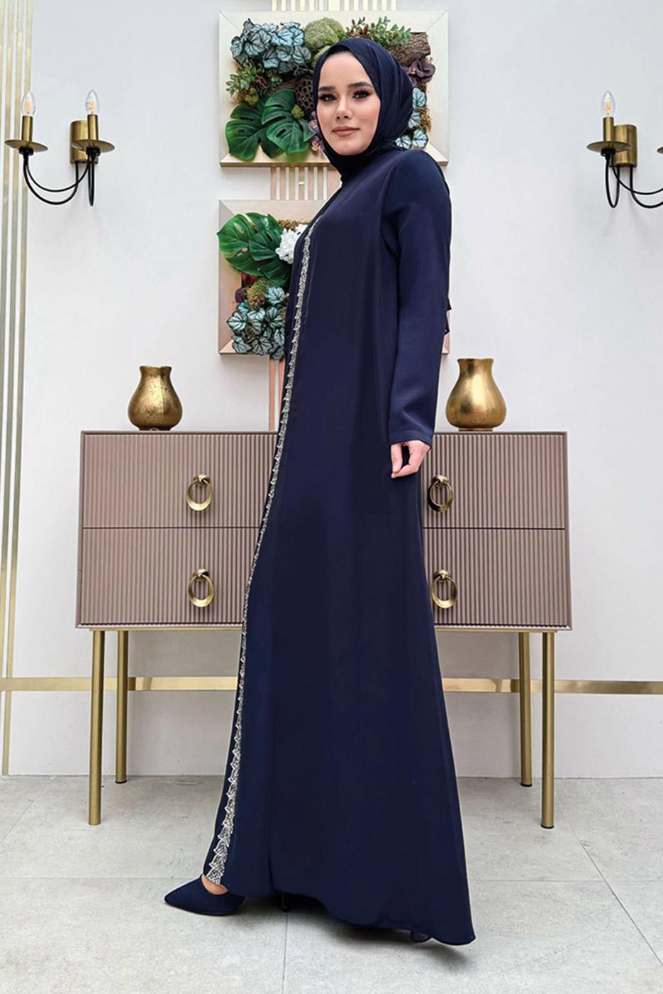 Tesettür giyim LACİVERT ŞALLI ŞİFON PELERİNLİ ELBİSE T 8683