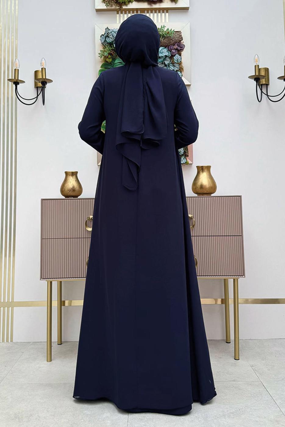 Tesettür giyim LACİVERT ŞALLI ŞİFON PELERİNLİ ELBİSE T 8683