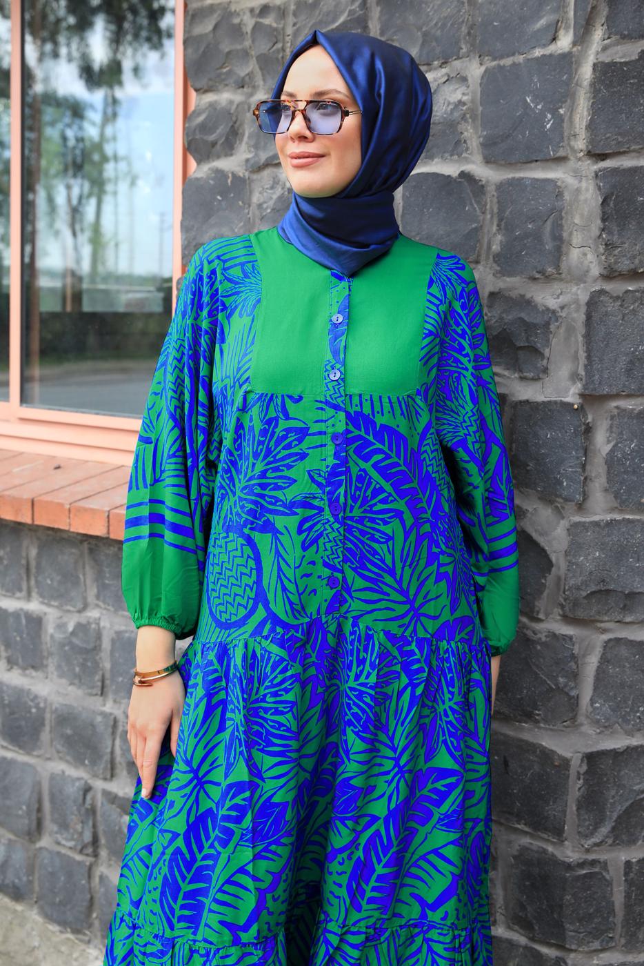 Tesettür giyim YEŞİL DESENLİ VİSKON ELBİSE T 8715