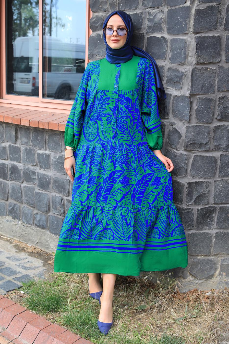 Tesettür giyim YEŞİL DESENLİ VİSKON ELBİSE T 8715