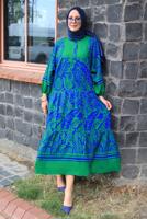 Tesettür giyim YEŞİL DESENLİ VİSKON ELBİSE T 8715