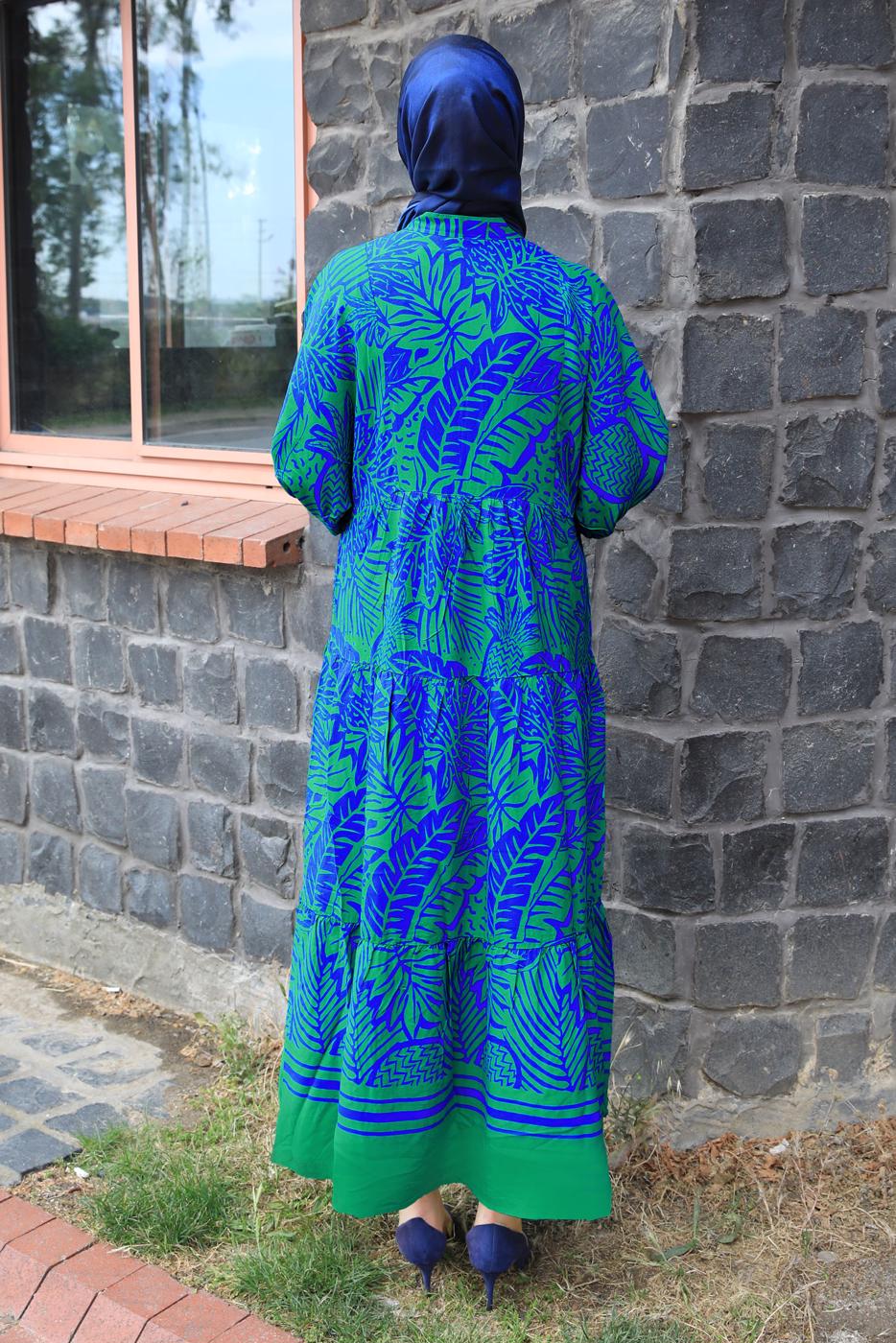 Tesettür giyim YEŞİL DESENLİ VİSKON ELBİSE T 8715