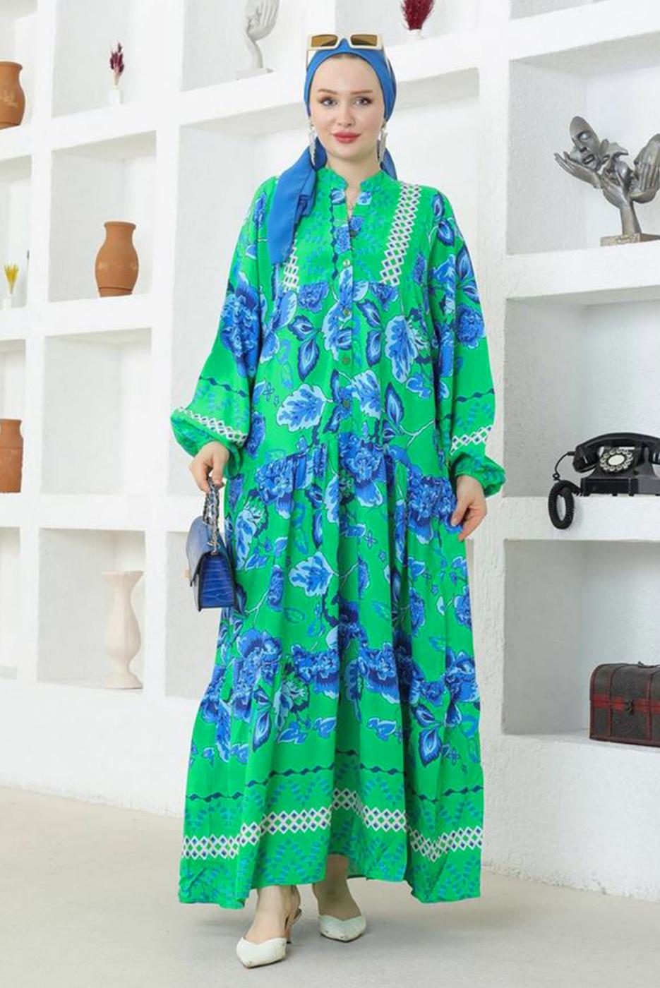 Tesettür giyim YEŞİL DESENLİ VİSKON ELBİSE T 8717