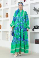 Tesettür giyim YEŞİL DESENLİ VİSKON ELBİSE T 8717