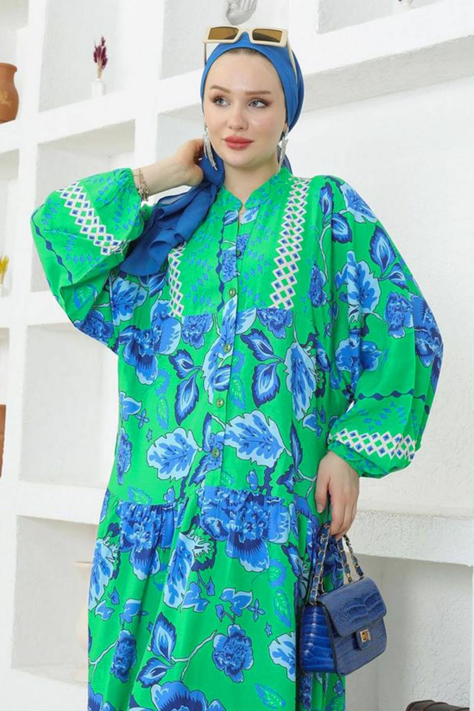 Tesettür giyim YEŞİL DESENLİ VİSKON ELBİSE T 8717