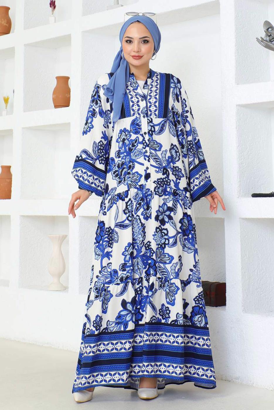 Tesettür giyim LACİVERT DESENLİ VİSKON ELBİSE T 8733