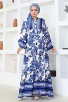 Tesettür giyim LACİVERT DESENLİ VİSKON ELBİSE T 8733