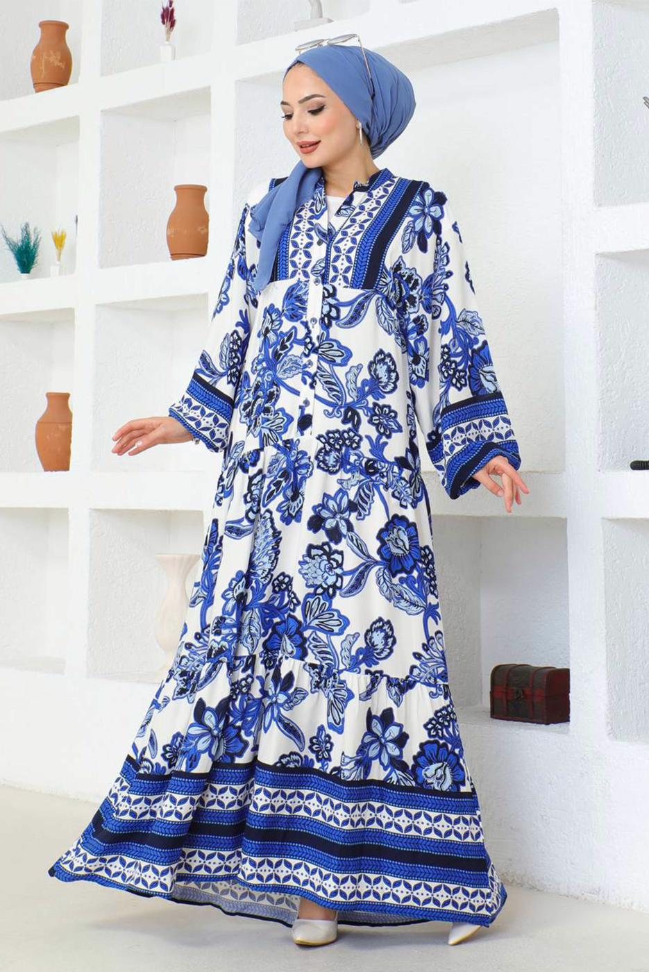 Tesettür giyim LACİVERT DESENLİ VİSKON ELBİSE T 8733