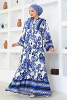Tesettür giyim LACİVERT DESENLİ VİSKON ELBİSE T 8733