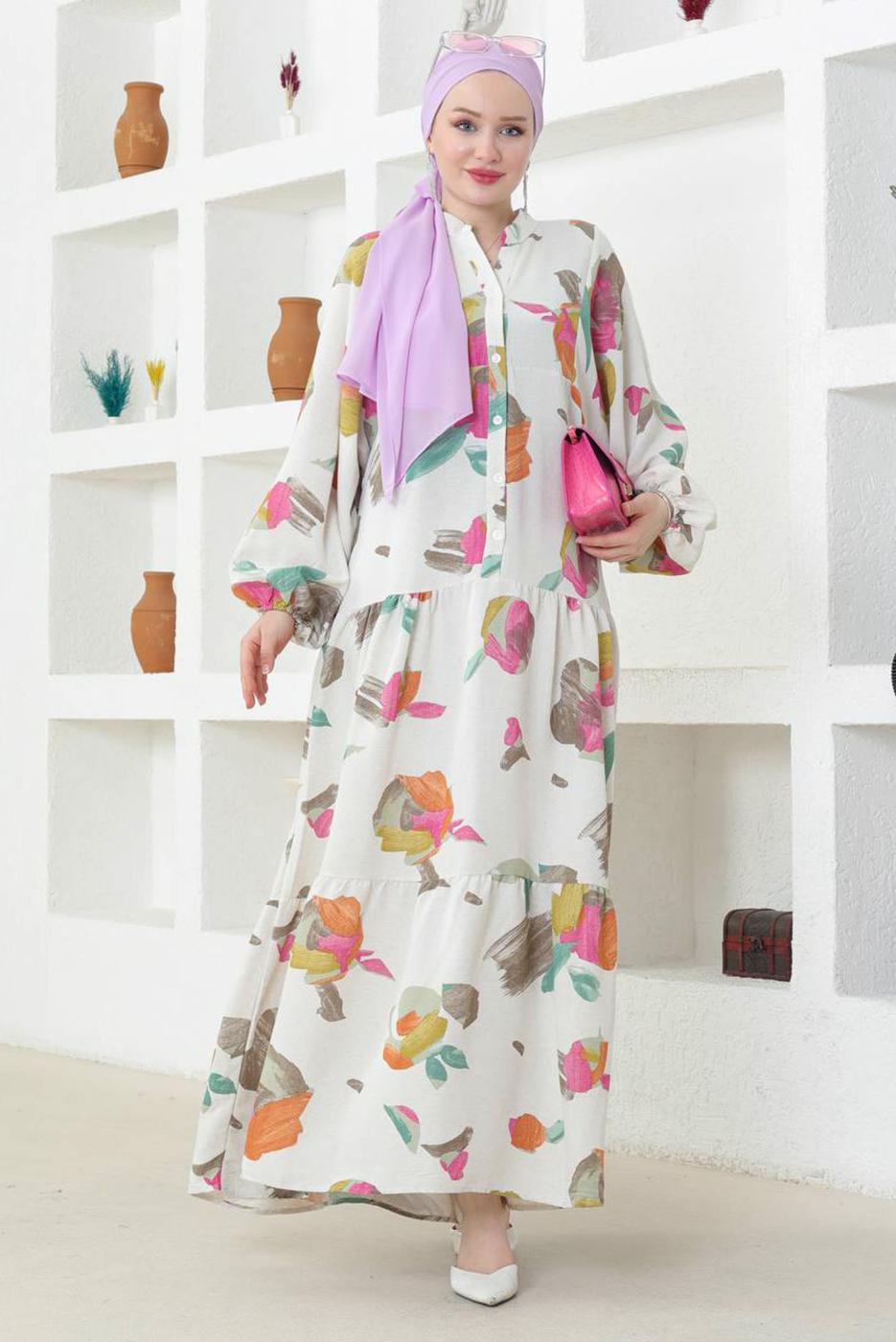 Tesettür giyim KREM KETEN DOKULU ELBİSE T 8742