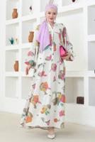 Tesettür giyim KREM KETEN DOKULU ELBİSE T 8742