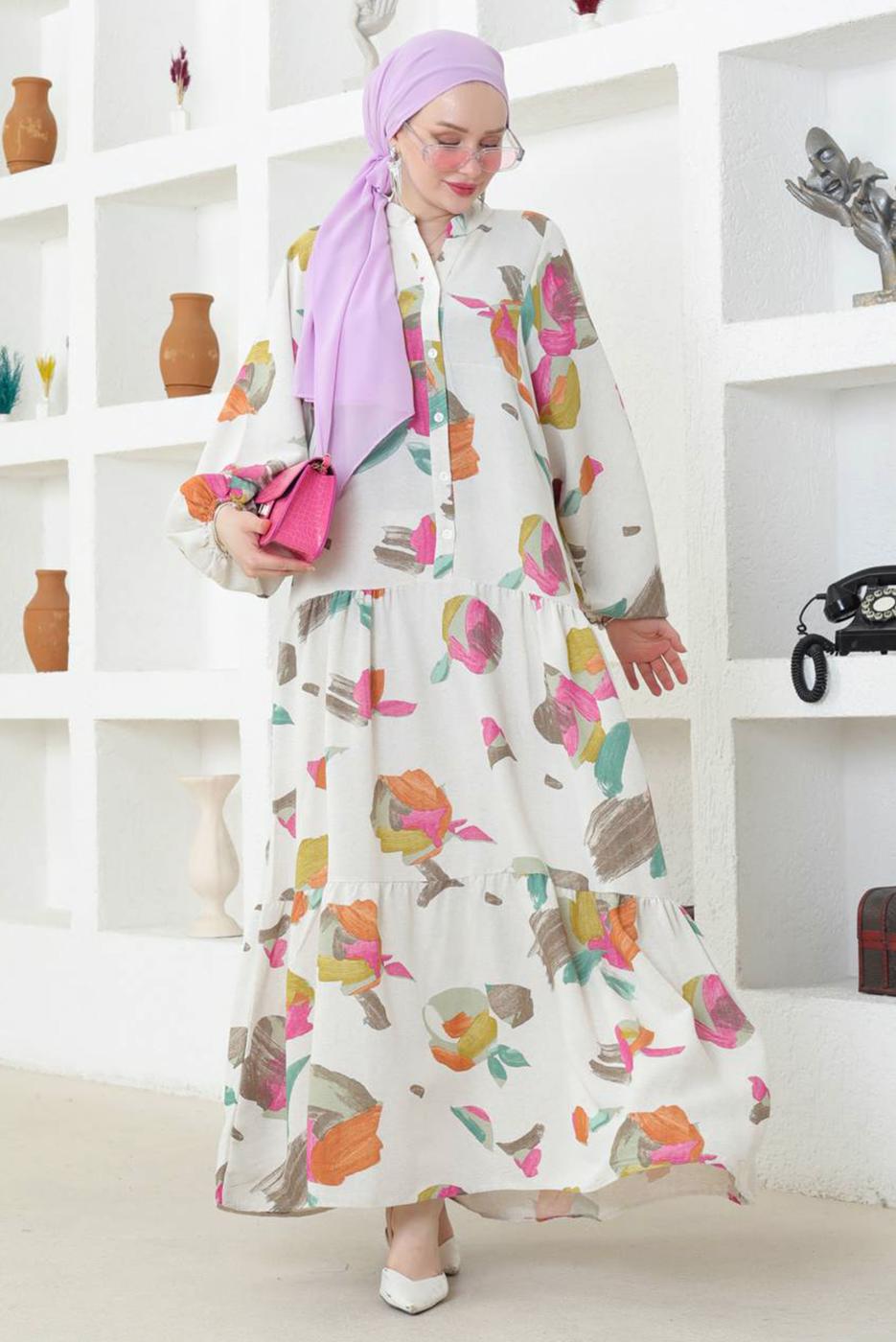 Tesettür giyim KREM KETEN DOKULU ELBİSE T 8742