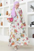 Tesettür giyim KREM KETEN DOKULU ELBİSE T 8742