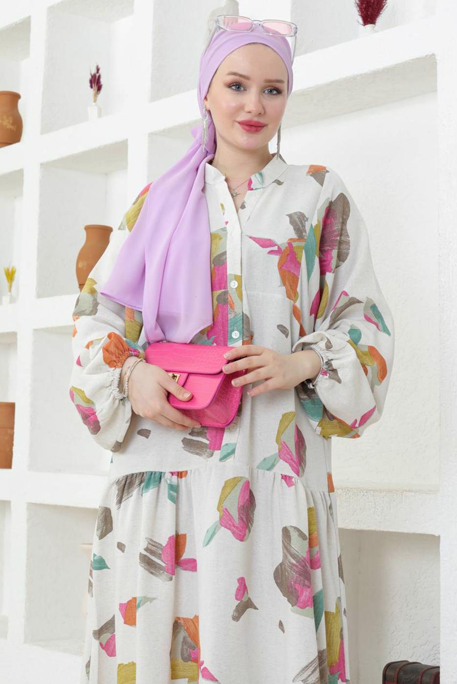 Tesettür giyim KREM KETEN DOKULU ELBİSE T 8742