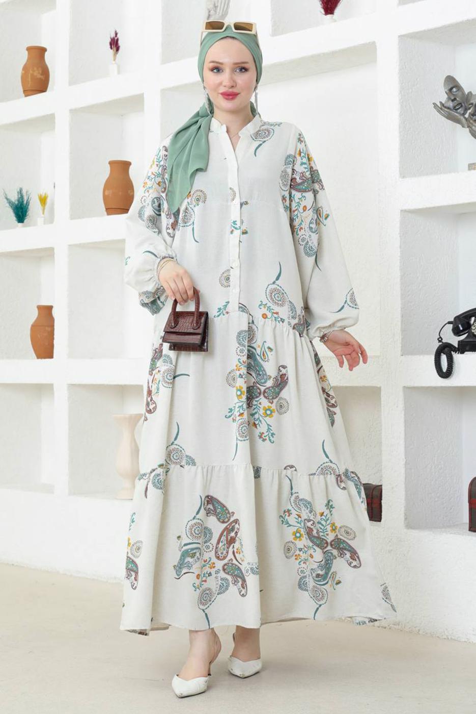 Tesettür giyim BEJ KETEN DOKULU DESENLİ ELBİSE T 8743