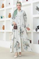 Tesettür giyim BEJ KETEN DOKULU DESENLİ ELBİSE T 8743