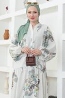 Tesettür giyim BEJ KETEN DOKULU DESENLİ ELBİSE T 8743