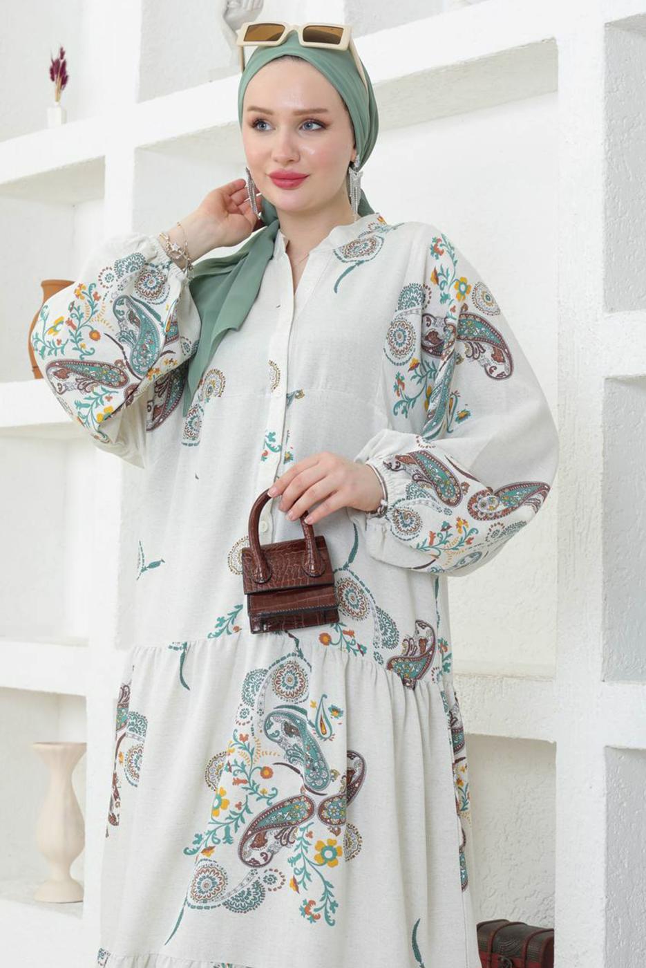 Tesettür giyim BEJ KETEN DOKULU DESENLİ ELBİSE T 8743