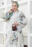 Tesettür giyim BEJ KETEN DOKULU DESENLİ ELBİSE T 8743