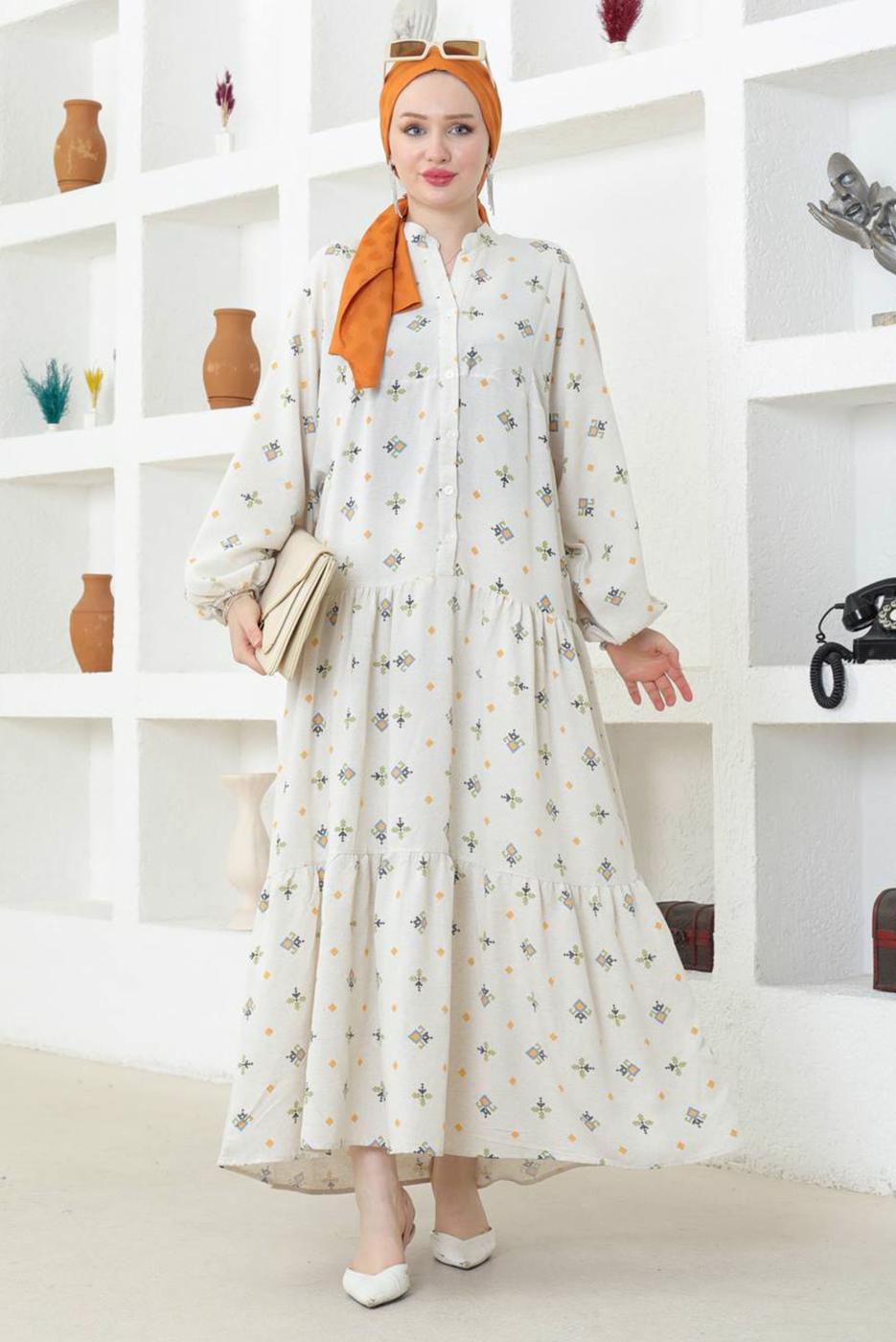 Vêtements hijab BEIGE ROBE SALAS TEXTURE LIN T 8746