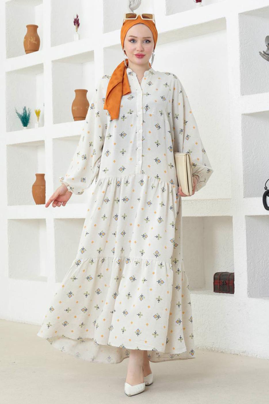 Vêtements hijab BEIGE ROBE SALAS TEXTURE LIN T 8746